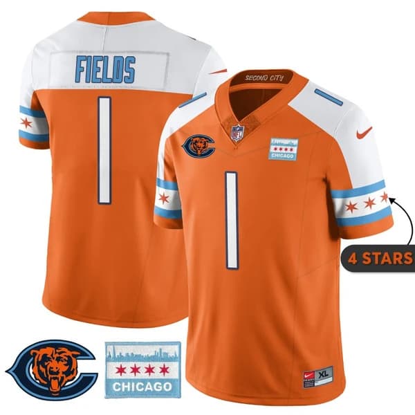 Men's Chicago Bears #1 Justin Fields Orange Alternate City Edition F.U.S.E. With Chicago Flag Vapor Untouchable Limited Stitched Football Jersey